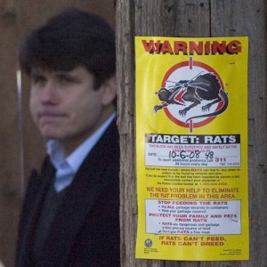 Blagojevich walking behind pole with a poster depicting a rat in crosshairs.